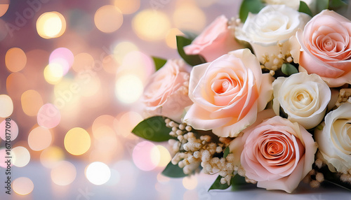 pink and white roses with green leaves in soft pastel tones romantic bouquet for weddings and celebrations delicate colors with light bokeh in background