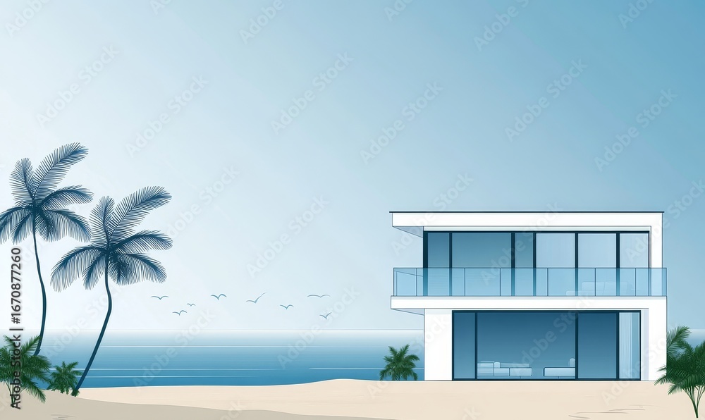 Obraz premium A luxurious villa on the sea shore, complete with palms and plants, is the perfect destination for rest and relaxation