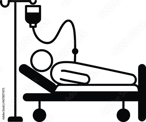 Hospital bed illustration, patient care, IV drip, medical treatment, healthcare concept, black and white art, recovery symbol, clinical support