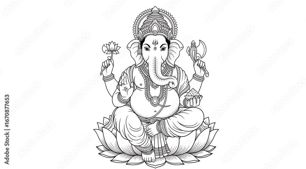 Obraz premium Detailed monochrome illustration of Lord Ganesha, the elephant-headed Hindu deity revered for wisdom and prosperity. Hand-drawn line art suitable for cultural, spiritual, tattoo, and decorative projec
