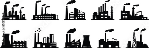 Industrial factory silhouettes, manufacturing plants, power plants, smoke stacks, industrial buildings, pollution, production facilities, factory icons, heavy industry, factory structures