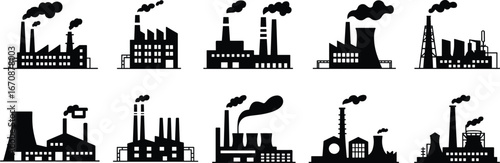 Industrial factory silhouettes collection, manufacturing plants, production buildings, smoke stacks, power plants, industrial facilities, factory structures, heavy industry, pollution symbols