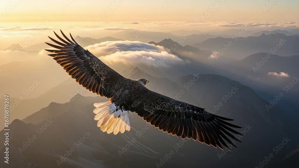 custom made wallpaper toronto digitalMajestic Eagle Soaring Above Mountains and Clouds at Sunset.