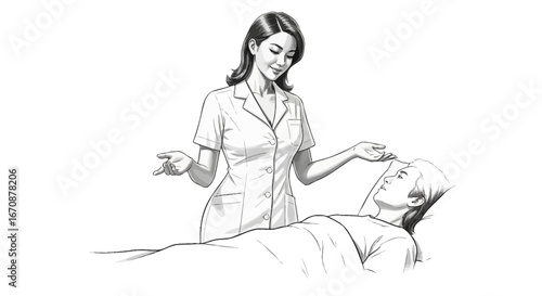Attentive nurse caring for patient in hospital monochrome detailed sketch
