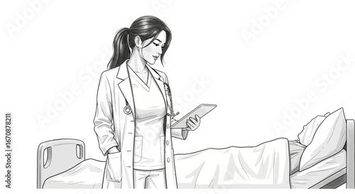 Attentive medical professional reviews patient data in hospital setting