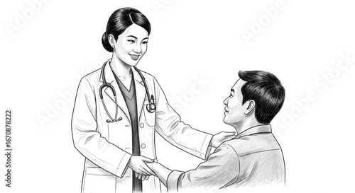 Caring Asian Female Doctor Offering Support to Patient in Monochrome Illustration