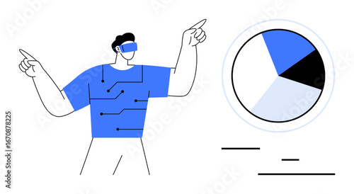Man wearing VR headset while gesturing at virtual pie chart with circuit-thumbs up design on his attire. Ideal for technology, innovation, data analysis, virtual reality, futuristic concepts, digital
