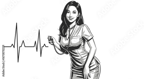 Cheerful medical professional with stethoscope checking heartbeat trace