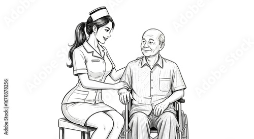 Caring nurse comforting senior man in wheelchair, healthcare support scene