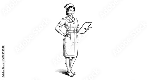 Classic cartoon style illustration of female nurse taking notes medical