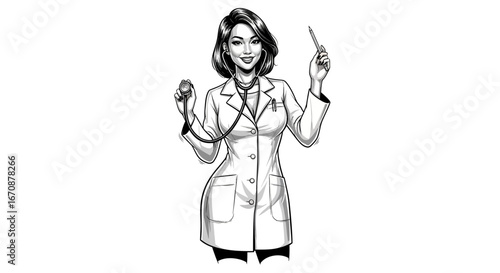 Confident and Competent Doctor Sketch Illustration in Black and White