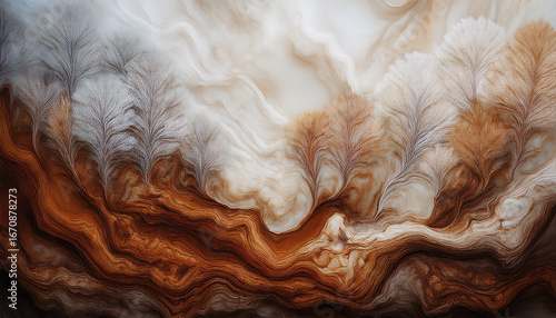 editorial on mythic abstraction evolution of myth esoteric tension mud brown and moss green symbolic symmetry celestial forests fantastic organism layering visual chance generation