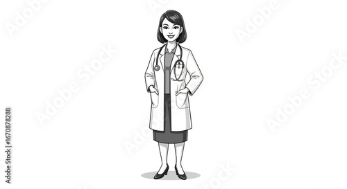 Confident asian female doctor in professional attire standing in grayscale