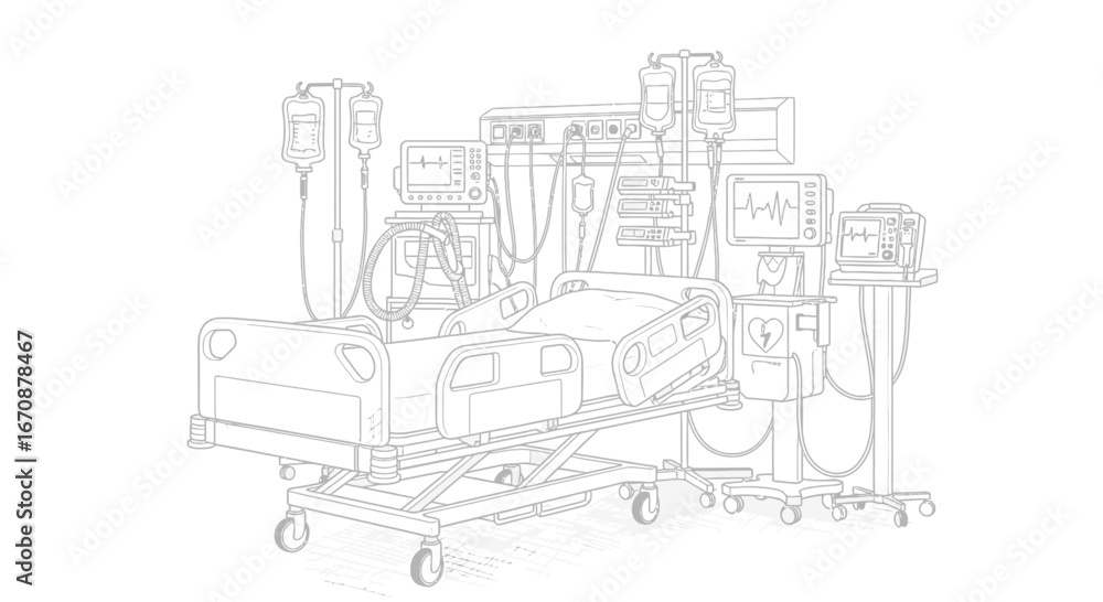 Obraz premium Detailed hospital bed and medical equipment illustration showing patient care