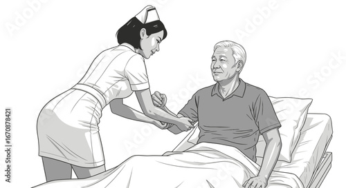 Dedicated Nurse Attending to Senior Patient in Hospital Bed with Care