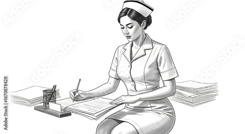 Dedicated nurse meticulously reviews patient charts in monochrome artwork