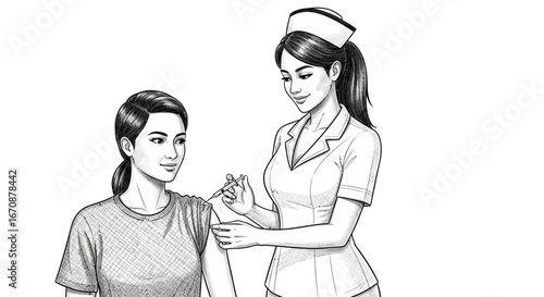 Depiction of vaccine administration by a nurse to a patient in monochrome