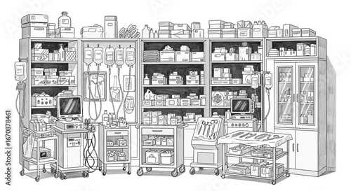 Detailed black and white sketch of a well-stocked medical supply room interior