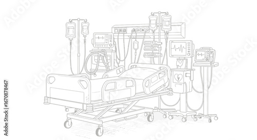 Detailed hospital bed and medical equipment illustration showing patient care