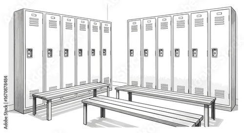 Depiction of lockers and benches in a changing room, monochrome design