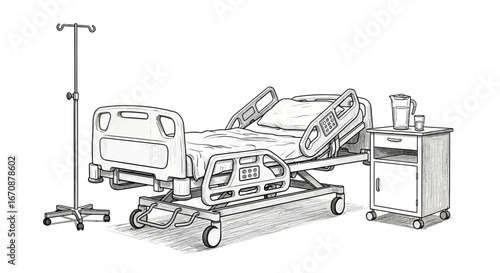 Detailed line drawing depicts hospital bed, side table and intravenous stand