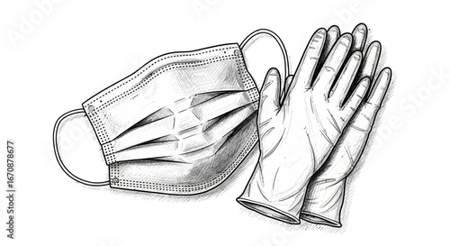 Detailed sketch of face mask and gloves illustrating safety equipment
