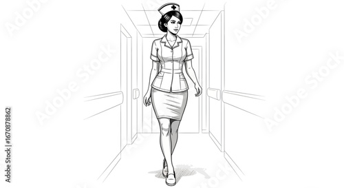 Elegant nurse strides down modern hospital corridor illustration design