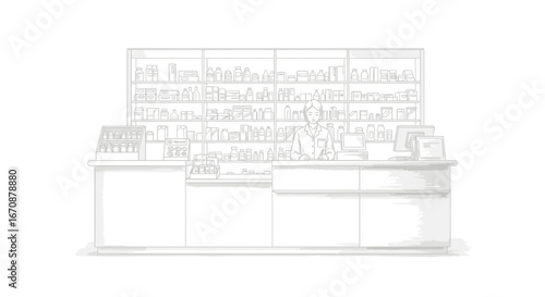 Elegant sketch of a pharmacy with a pharmacist at the counter illustration
