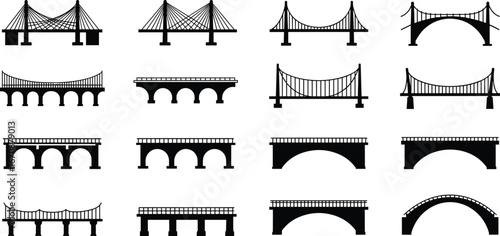 Set of black bridge silhouette vector icons, featuring arch, cable-stayed, and suspension bridge styles, ideal for engineering, construction, or infrastructure design.