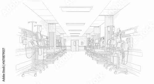 Graphical representation of a well-equipped hospital ward corridor with beds