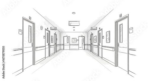 Hand drawn illustration of a hospital hallway, medical facility interior