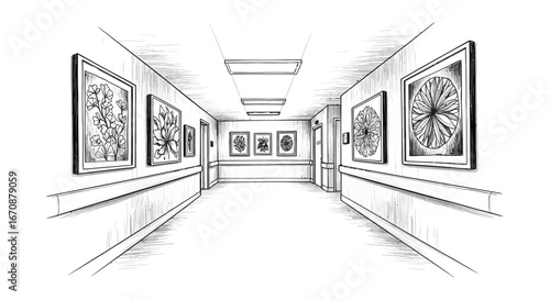 Hallway perspective art in minimalist style with linear wall decorations