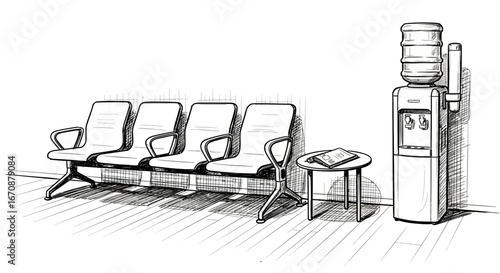 Hand Drawn Waiting Area Illustration with Seats and Water Dispenser Artwork