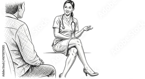 Hand Drawn Illustration of Medical Consultation between Doctor and Patient