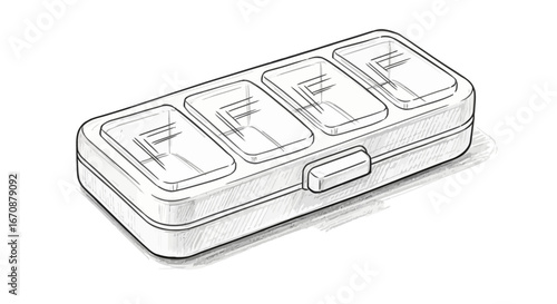 Hand-Drawn Sketch of a Pill Organizer with Four Compartments on White