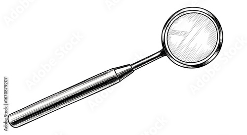 Illustration of a dental mirror for hygiene in an etching style art