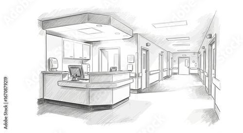 Illustration of a bright modern hospital reception area and long corridor
