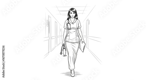 Illustration of a medical professional walking in a hospital corridor style sketch