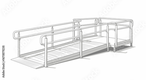 Illustration of a modern access ramp design with metal handrails for accessibility