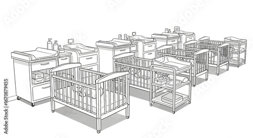 Minimalist baby nursery illustration showing rows of cribs and changing tables