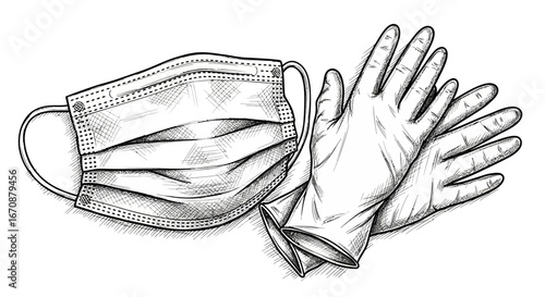 Medical mask and medical gloves illustration in black and white drawing