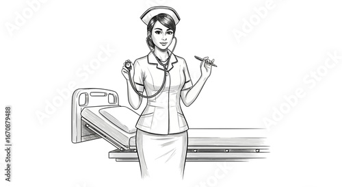 Monochromatic illustration of a friendly nurse in a medical environment