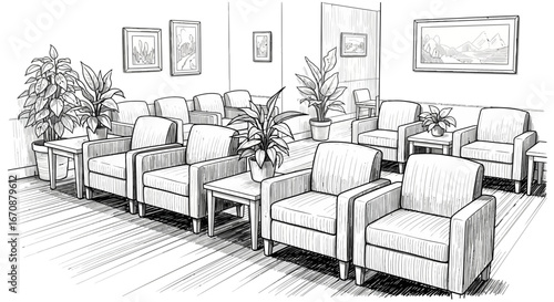 Monochrome Sketch of an Elegant Interior Waiting Room with Armchairs and Plants