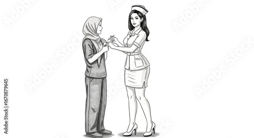 Professional nurse administering a vaccination to a veiled muslim patient
