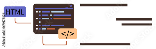Computer window showing HTML code being built and connected to structured lines. Ideal for programming, coding, website creation, IT, software, front-end development, technology. Simple flat metaphor
