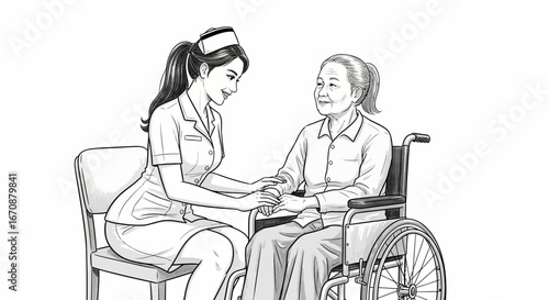 Sketch of Nurse holding hands with Senior Woman in Wheelchair for Support
