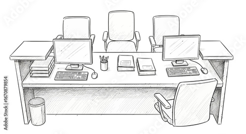 Sketch of an office space with computers, chairs and paperwork, vacant