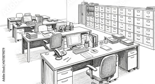 Sketchy office scene with multiple desks, computers, and storage cabinets