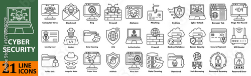 Cyber security line icon set featuring computer virus, malware, phishing, firewall, hacker, VPN, data protection, secure payment, and online safety symbols.