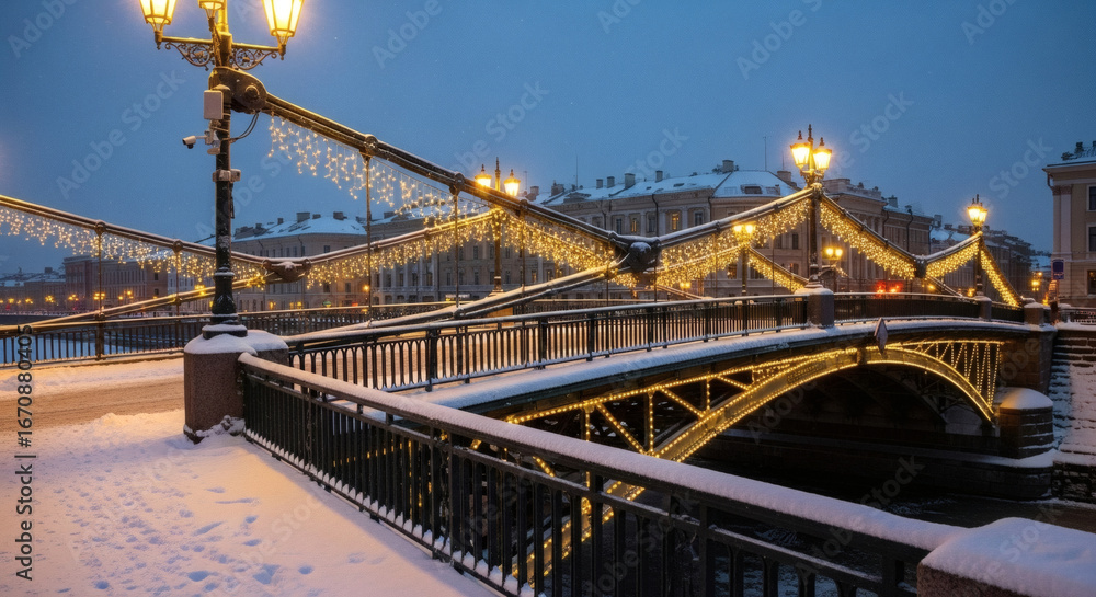 Obraz premium Snowy Pont des Arts bridge in Paris at dusk with warm streetlights